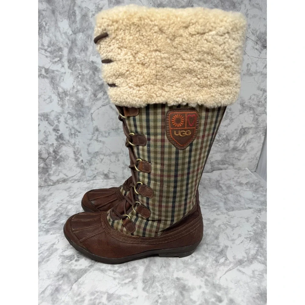 UGG Australia Adirondack Tall Plaid Snow Boots Brown Leather Sheepskin   10